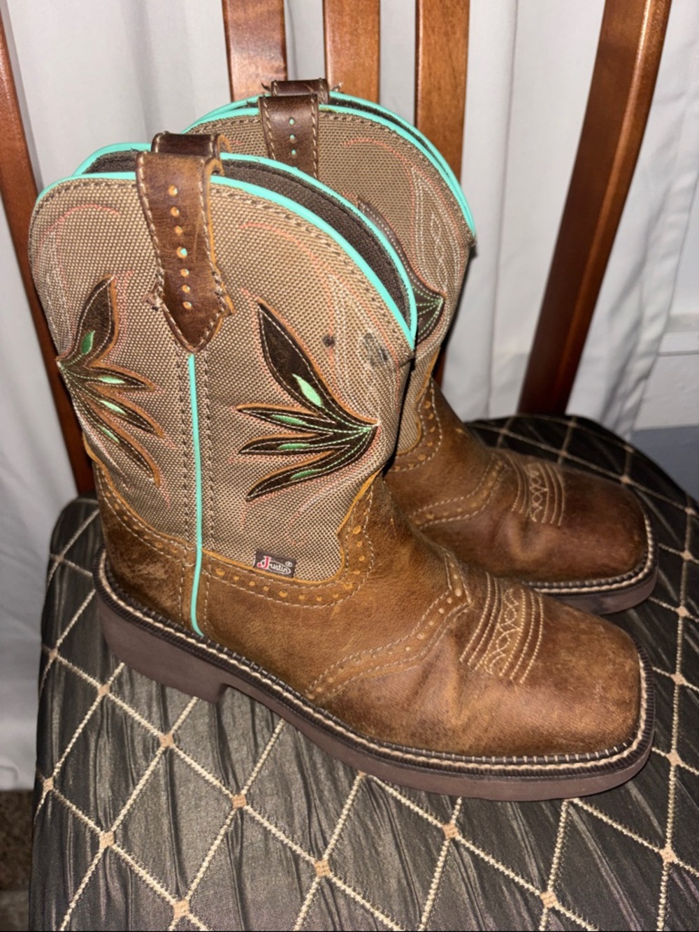 Justin Boots Brown Leather Ankle Work Booties with Turquoise Trim